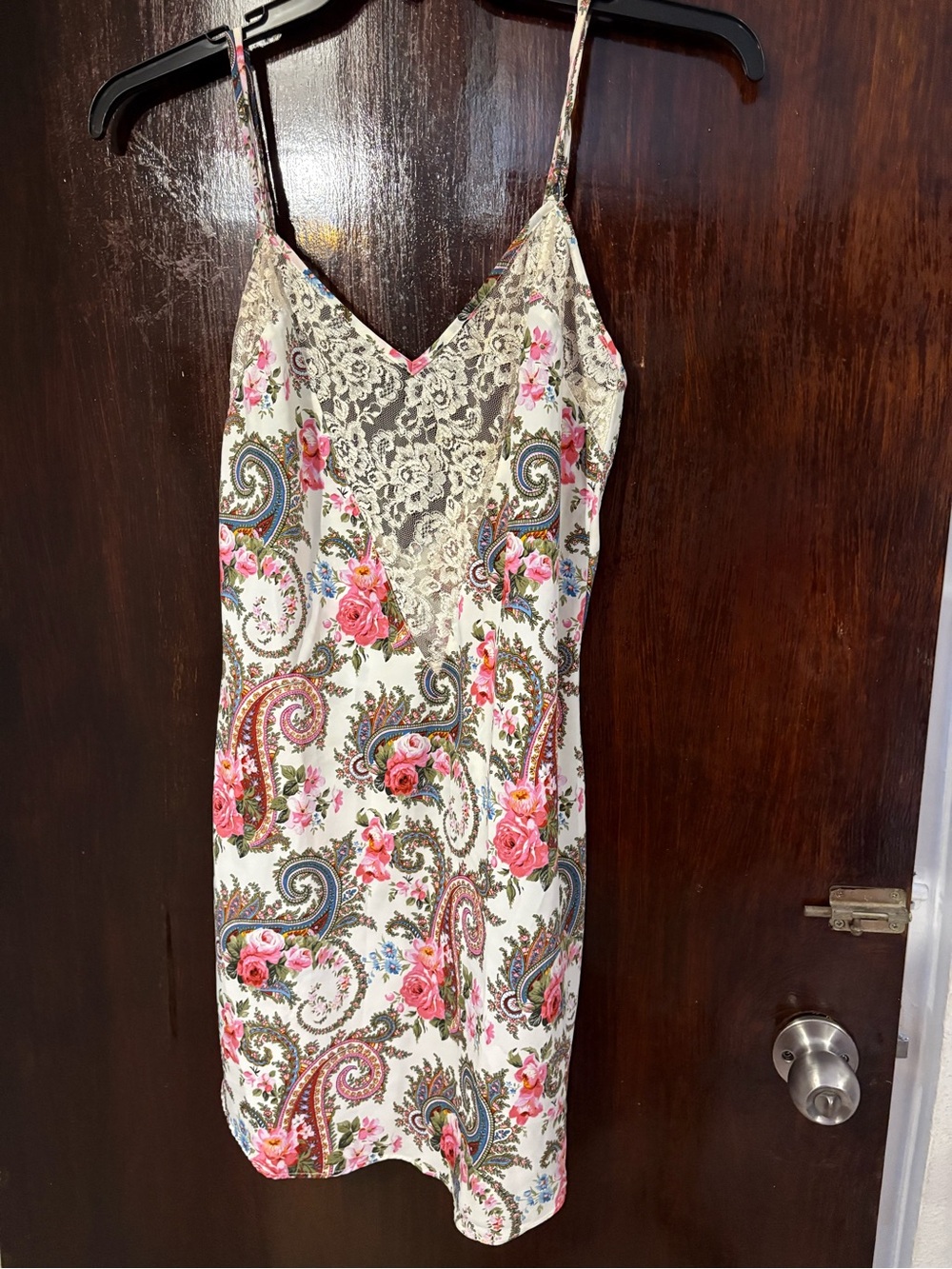 Vintage Victoria's Secret Cream Slip Dress with Pink Floral Paisley Print.